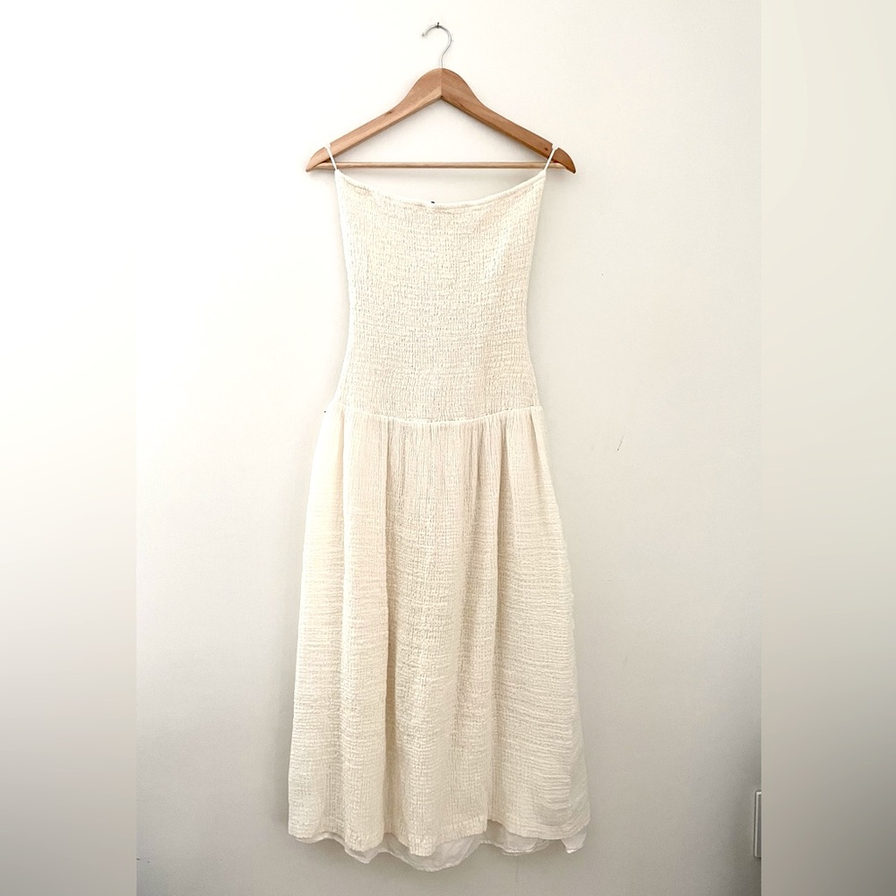 ZARA cream strapless drop waist crinkle midi dress M
